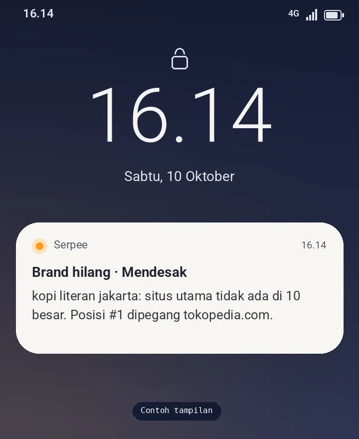 Contoh tampilan: notifikasi Serpee di layar kunci Android, brand hilang dari 10 besar