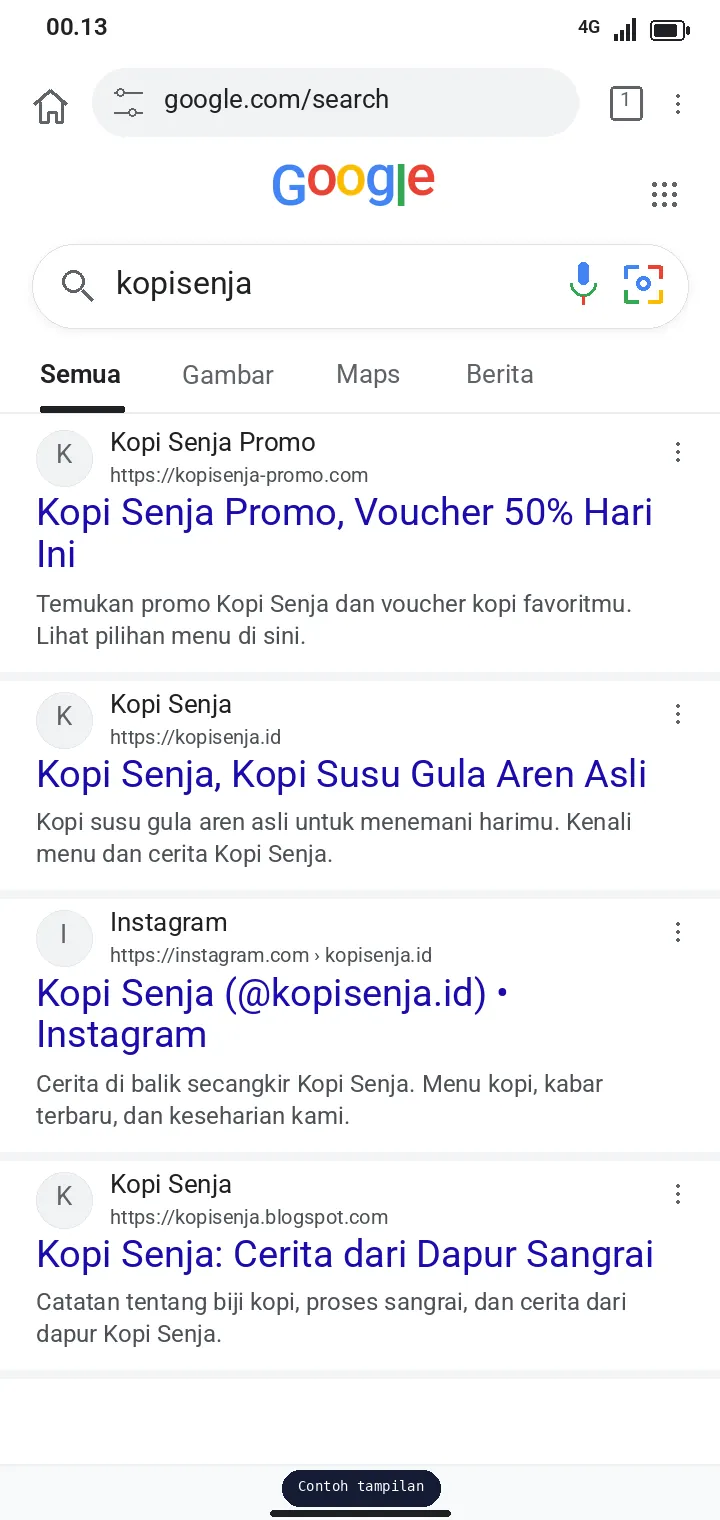 Hasil pencarian Google untuk kopisenja pukul 00.13 WIB. Posisi 1 diisi situs tiruan kopisenja-promo.com, situs utama kopisenja.id di posisi 2.